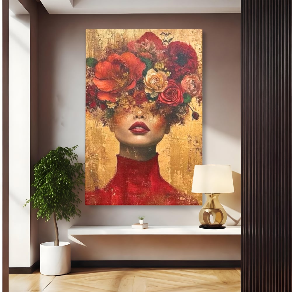 Tablou canvas cu tablou canvas cu portret de femeie si flori, fara rama, pe sasiu de lemn